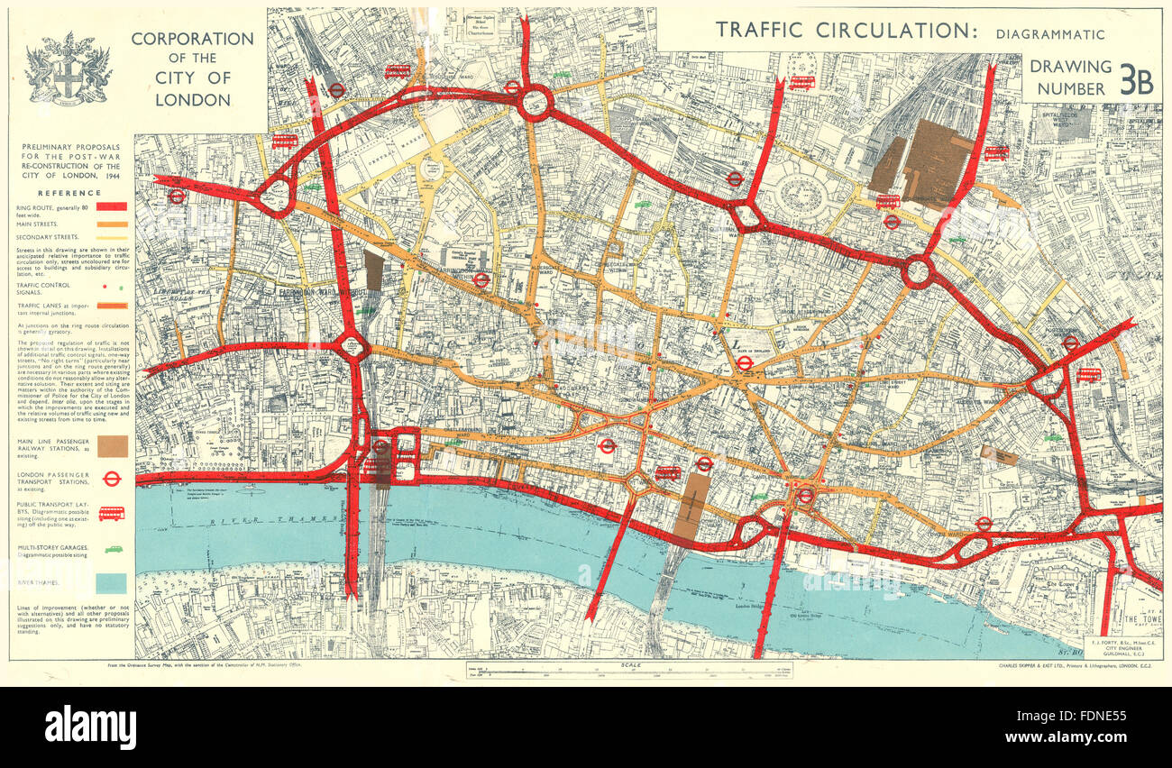 Ville de London.Les plans de reconstruction de l'après-guerre. La circulation routière, 1944 map Banque D'Images