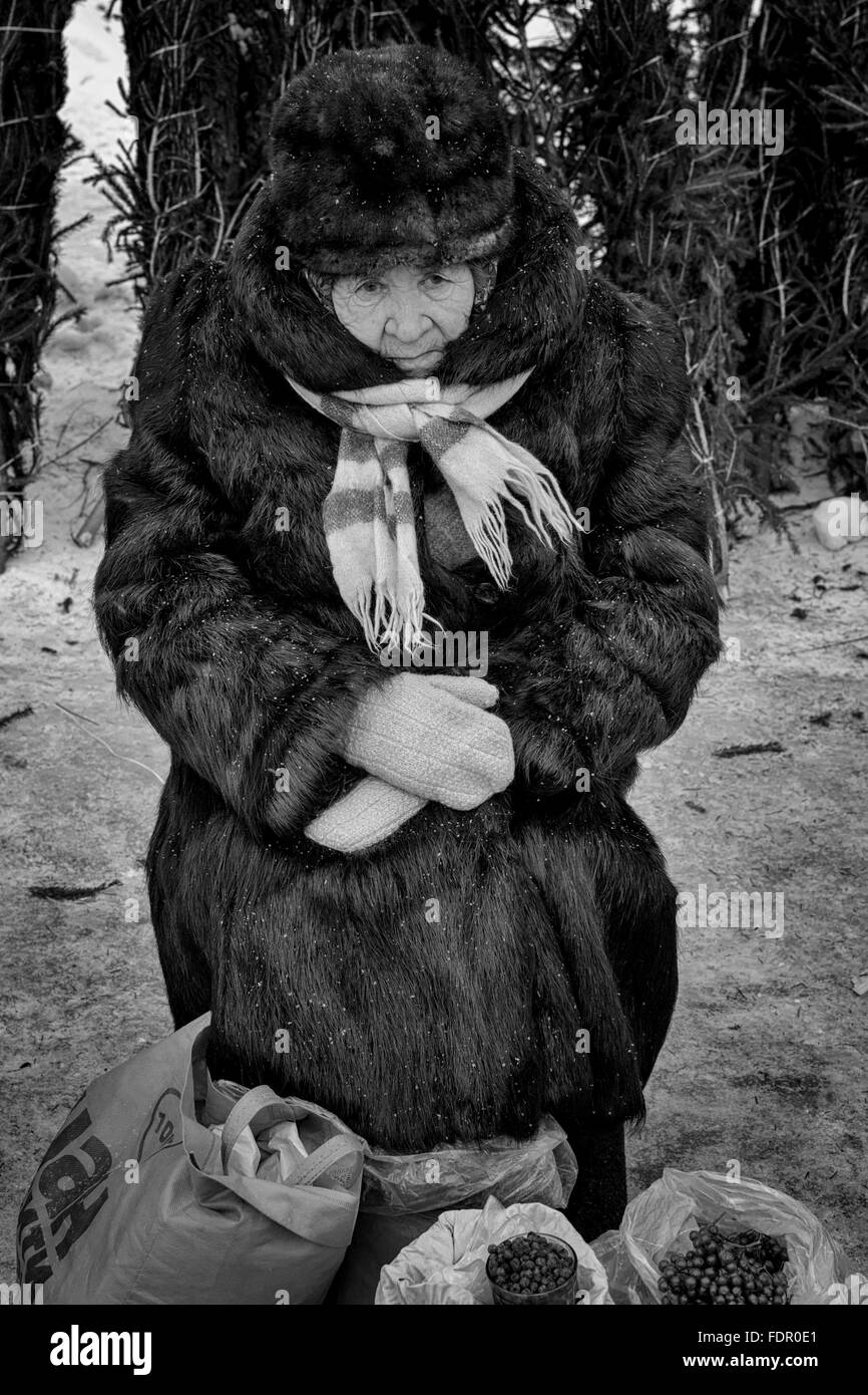 UFA - RUSSIE 26ème décembre 2015 - Une vieille femme dans un manteau de fourrure, s'assoit et attend patiemment dans un marché d'hiver vente de Chokeberries Banque D'Images