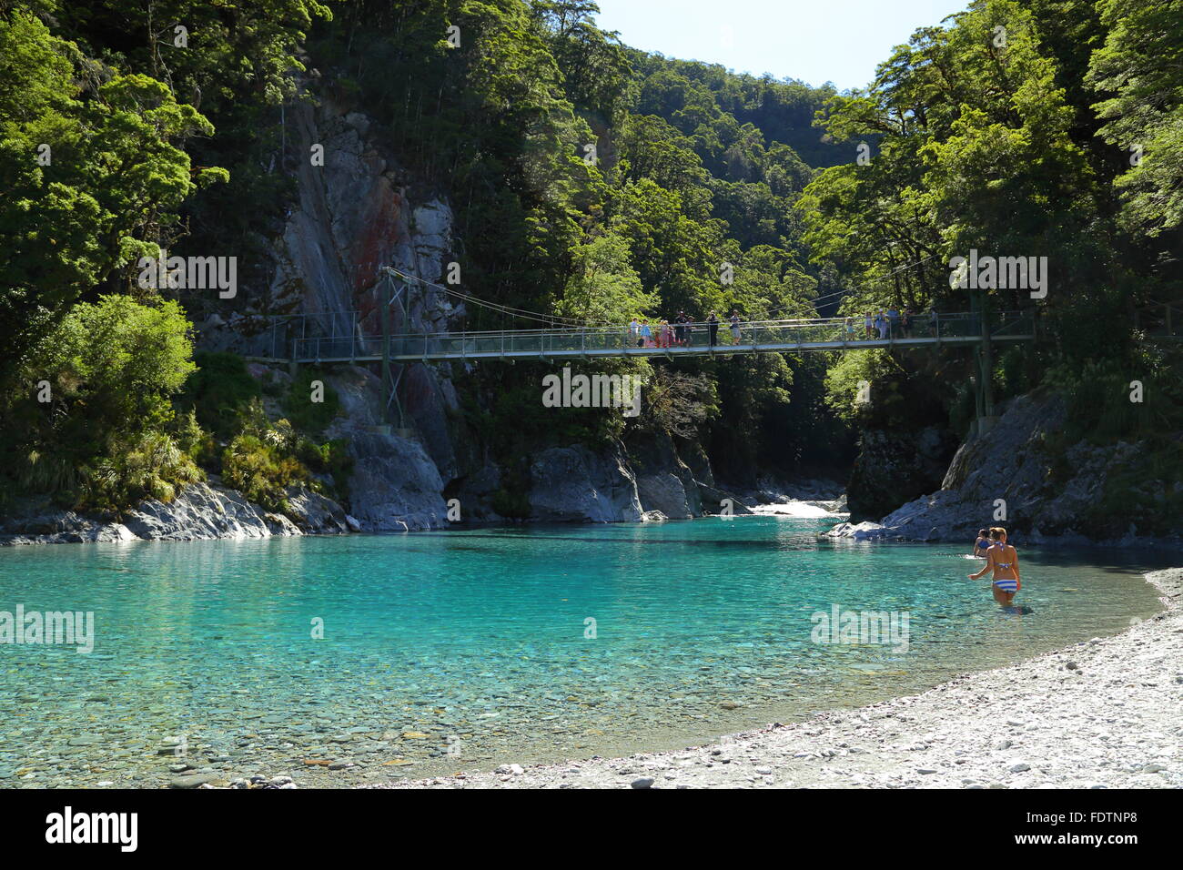 Les piscines bleu et Makarora River dans l'Otago, Nouvelle-Zélande. Très frileux de l'eau avec une exceptionnelle clarté - un trou de natation populaire. Banque D'Images