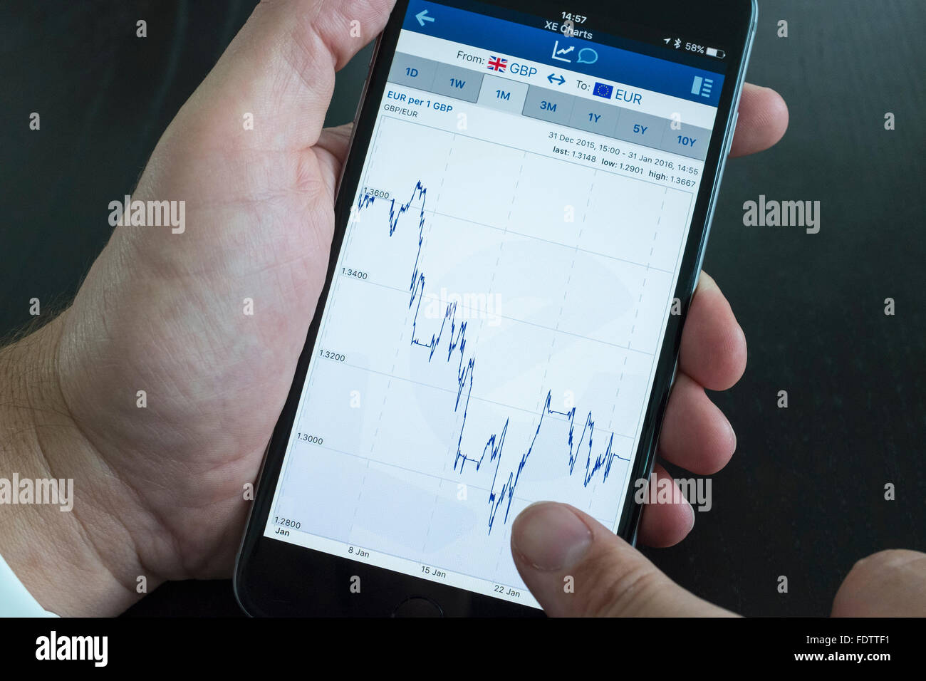 Tableau montrant les taux de change de l'Euro et la Livre Sterling sur les taux de change monnaie XE app sur l'iPhone 6 Plus smart phone Banque D'Images