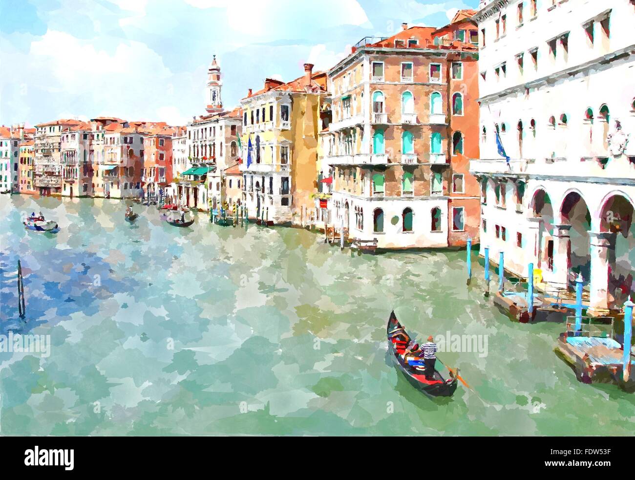 Aquarelle abstraite peinture numérique générée de l'eau principale canal, maisons et les gondoles à Venise, Italie. Banque D'Images