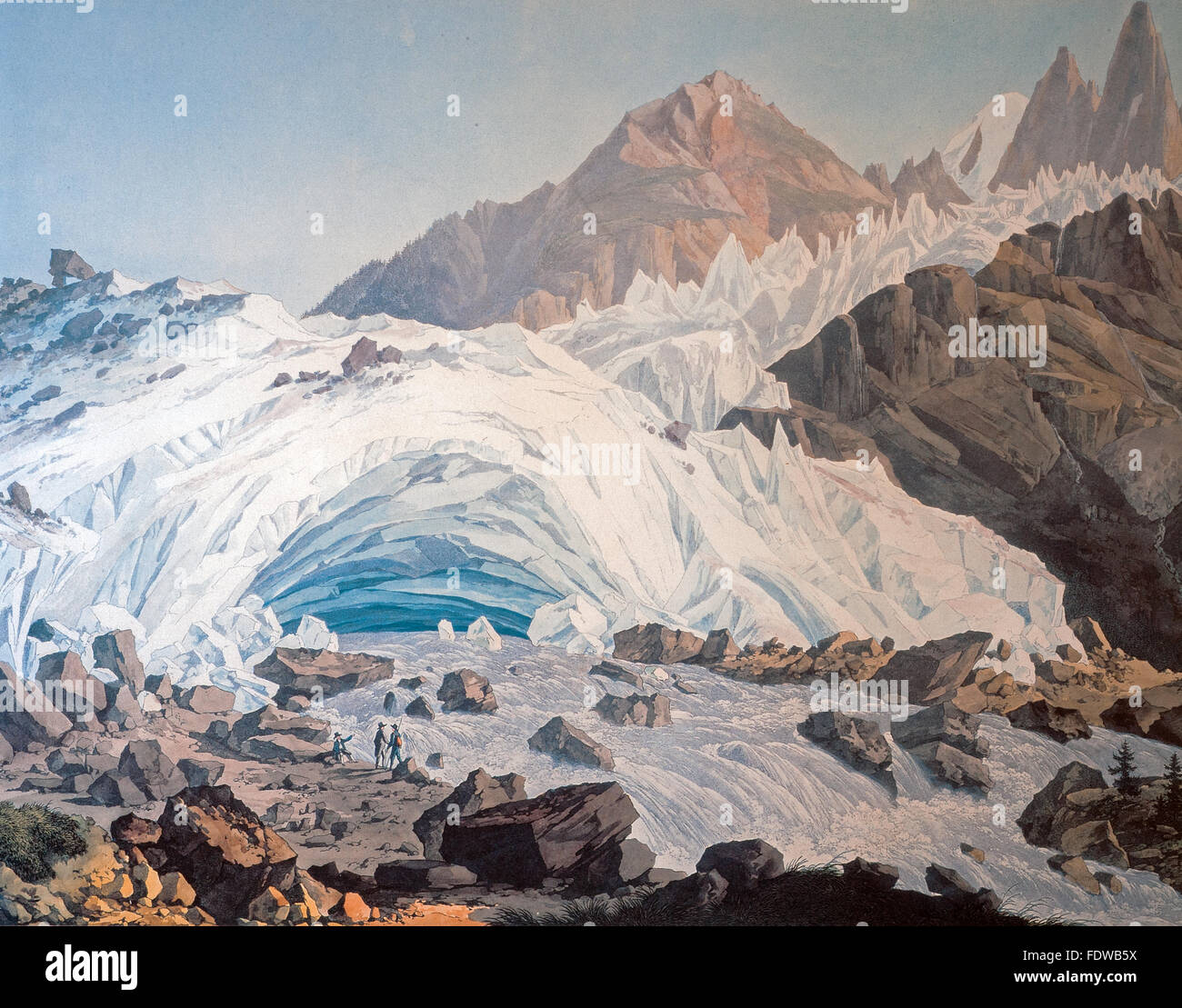 Vue sur le Mont Blanc de la source de l'Arveyron, aiguilles de Verte, Del dru et Del Bochard la moitié en 1700 Jan-Antoine Linck Banque D'Images