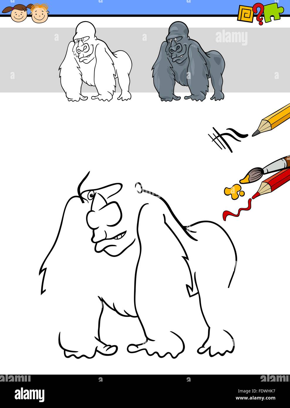 Cartoon Illustration de dessin et de coloriage de finition tâche éducative pour les enfants d'âge préscolaire avec personnage animal Gorille Illustration de Vecteur