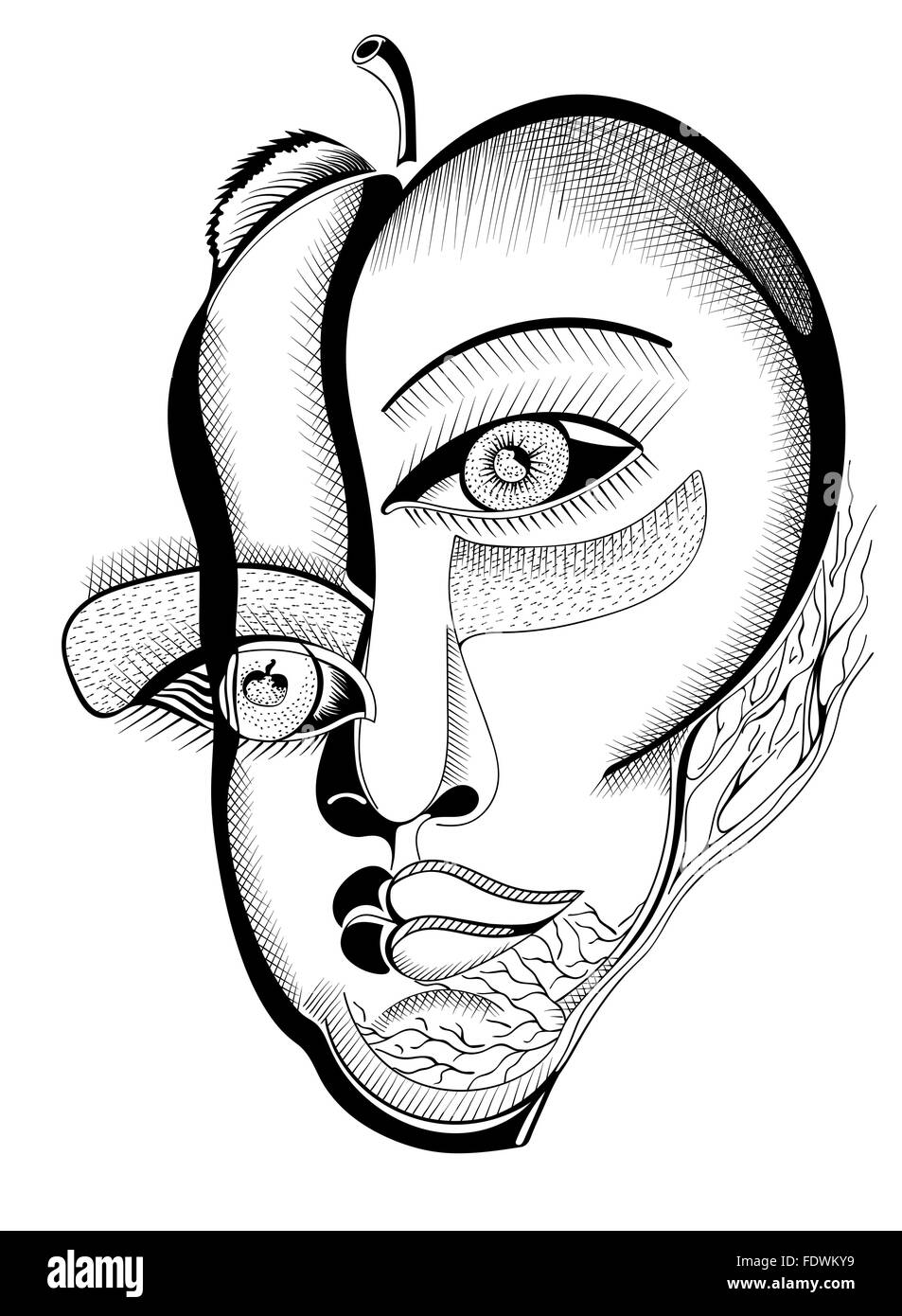 Dessin à la main, visages surréaliste abstract template avec contours noirs, peuvent utiliser pour les affiches, autocollants cartes, illustrations Illustration de Vecteur