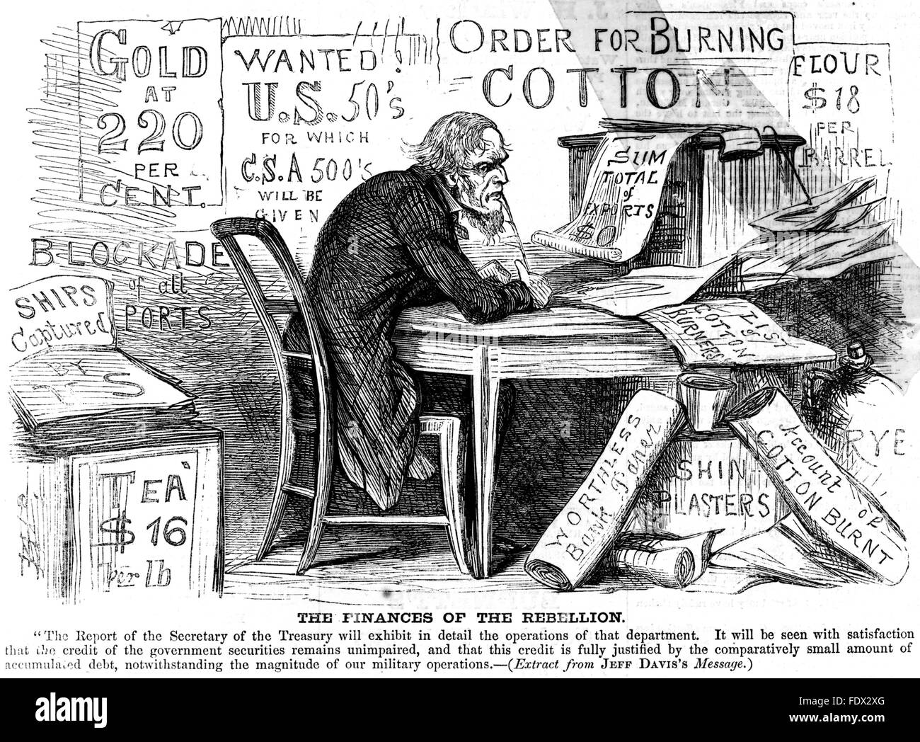 JEFFERSON DAVIS (1808-1889) Président de l'American Confederate States fait face à leurs problèmes financiers dans une caricature de Harper's Weekly 6 Septembre 1862 Banque D'Images