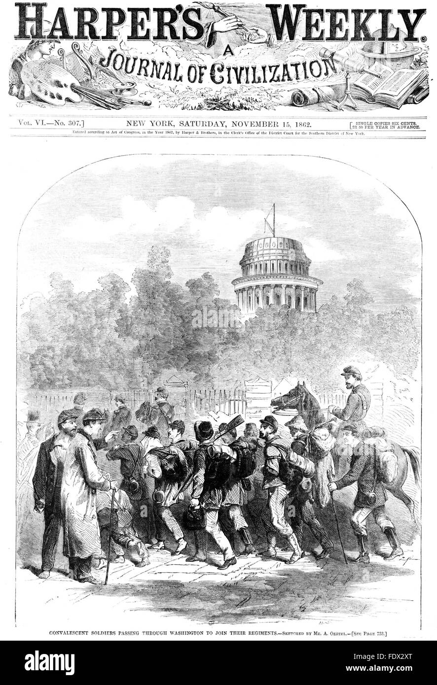 Seconde BATAILLE DE MANASSAS Couvrir de Harper's Weekly 15 novembre 1862 montrant le retrait des soldats de l'Union par l'intermédiaire de Washington Banque D'Images