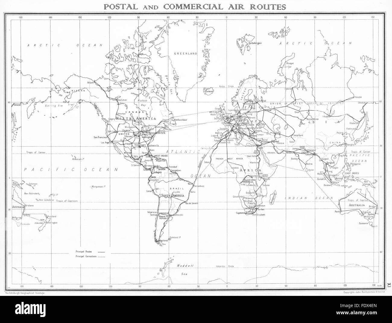 Monde : le service postal et les routes aériennes commerciales, 1938 carte vintage Banque D'Images