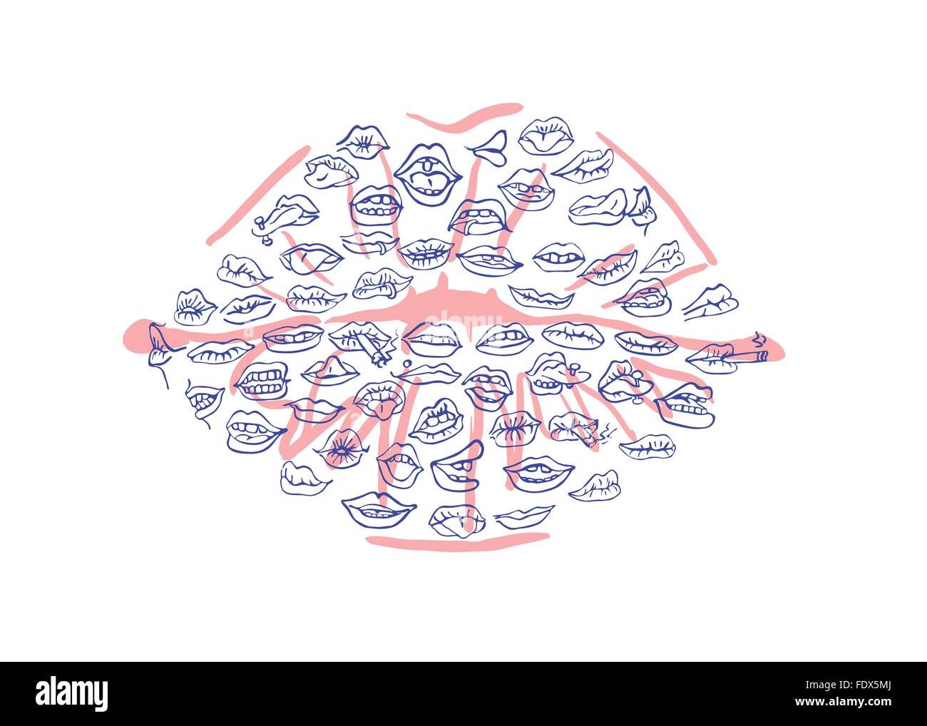 Ensemble, les droits de l'attrayante lèvres bouche. Caricature de la bouche d'icônes. Toutes les bouches sont disposés dans un gros baiser. Illustration de Vecteur