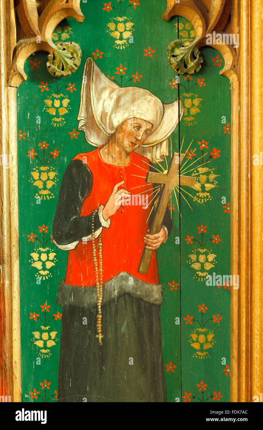 Sainte Julienne de Norwich, retable en bois peint, panneau, femme anchoress saint saints, peinture par Ellen Woodward, Langham, Norfolk Banque D'Images