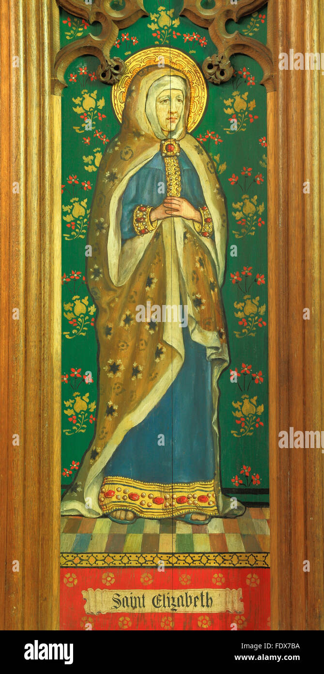 Saint Elizabeth, panneau en bois peint sur le retable, mère de Jean le Baptiste, peinture par Ellen Woodward, Langham, Norfolk Banque D'Images