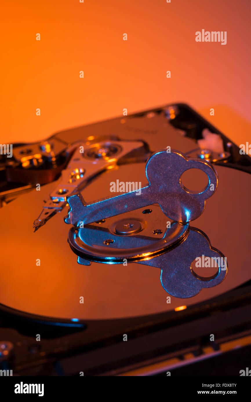 Clé générique sur le plateau de disque dur - comme métaphore visuelle pour le cryptage des données, la sécurité des données, l'accès aux fichiers, le droit d'accès, serveur de lock-out. Banque D'Images