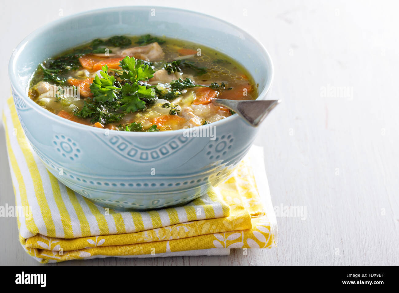 Soupe au poulet avec des pâtes au citron et persil orzo Banque D'Images