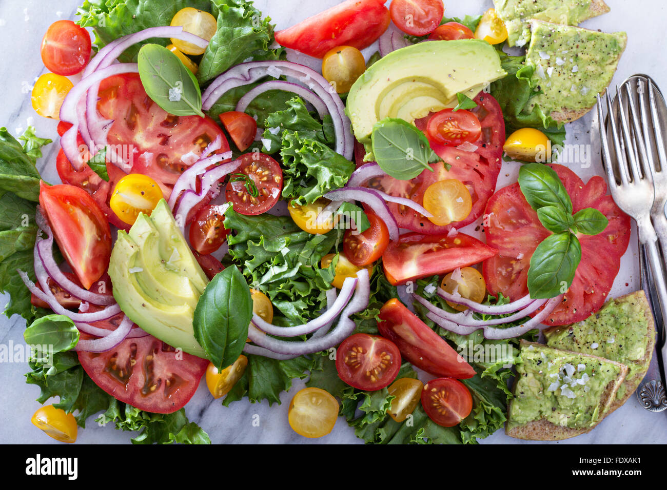 Salade de tomates fraîches et colorées avec l'avocat Banque D'Images