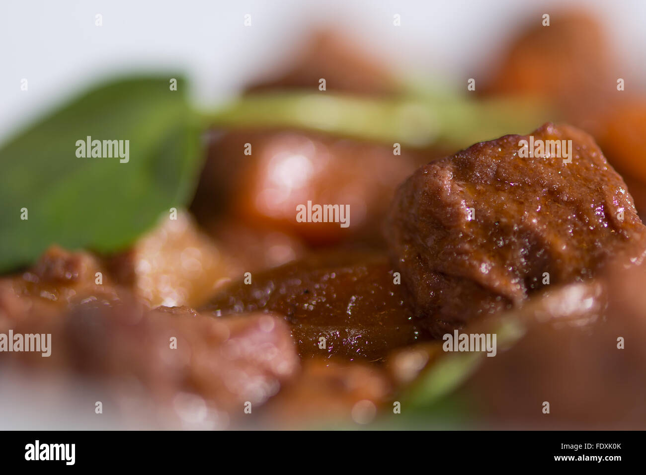 Plat classique français (champignons, bœuf et légumes, présentés sur une assiette blanche, d'en haut Banque D'Images