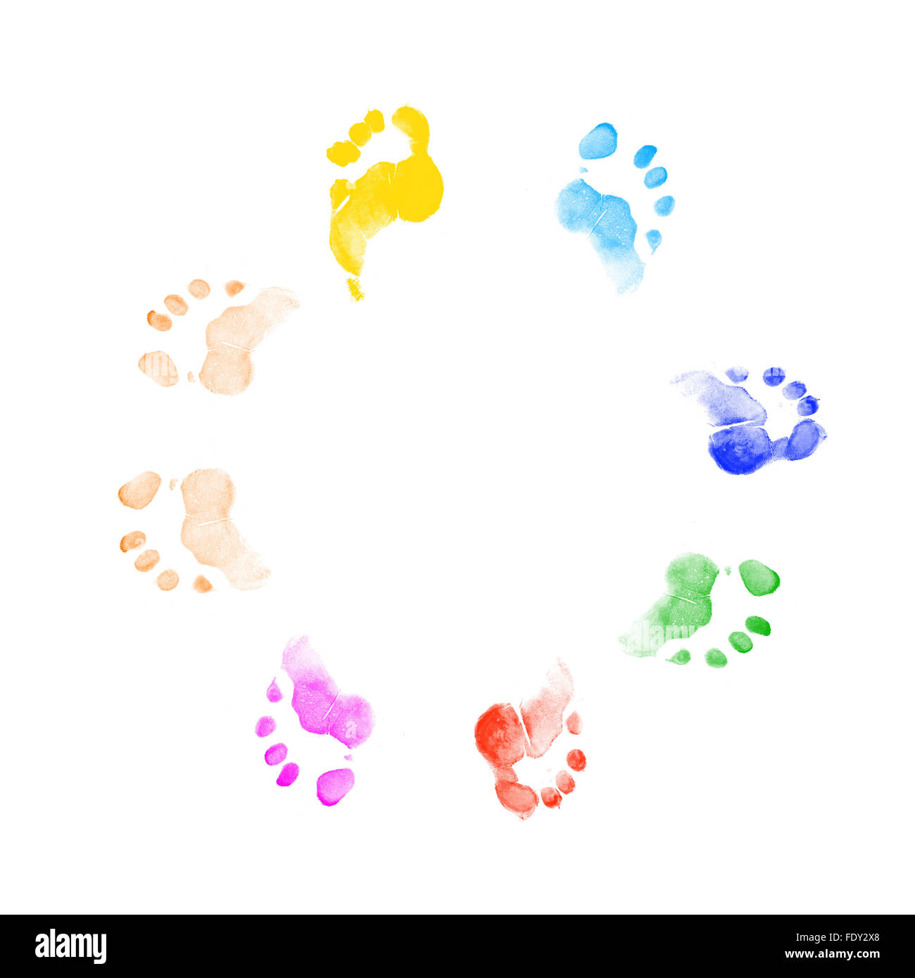 Empreintes de différentes couleurs sur un fond blanc dans différentes positions. Banque D'Images