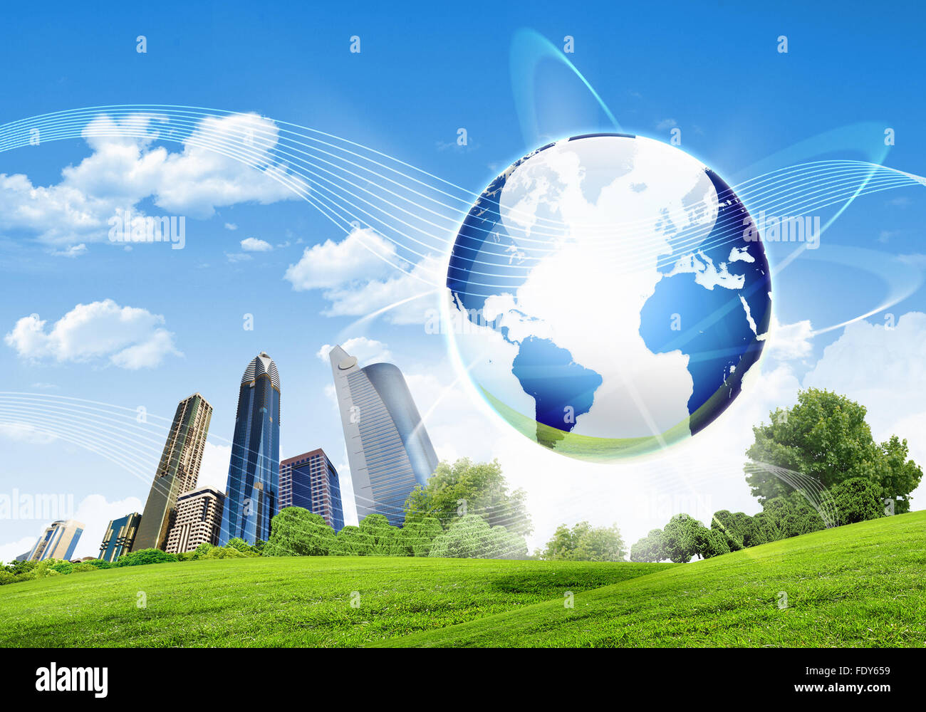 Collage de green nature paysage avec la planète terre au-dessus d'elle Banque D'Images