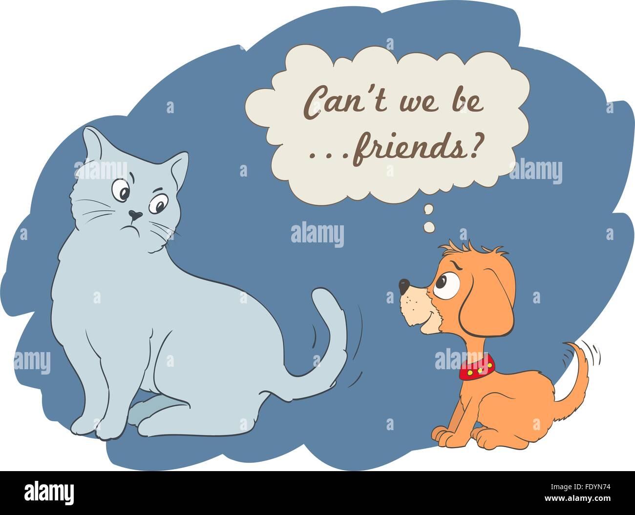 Cute cartoon chien et chat avec can't we be friends mots dans une bulle. vector illustration Illustration de Vecteur