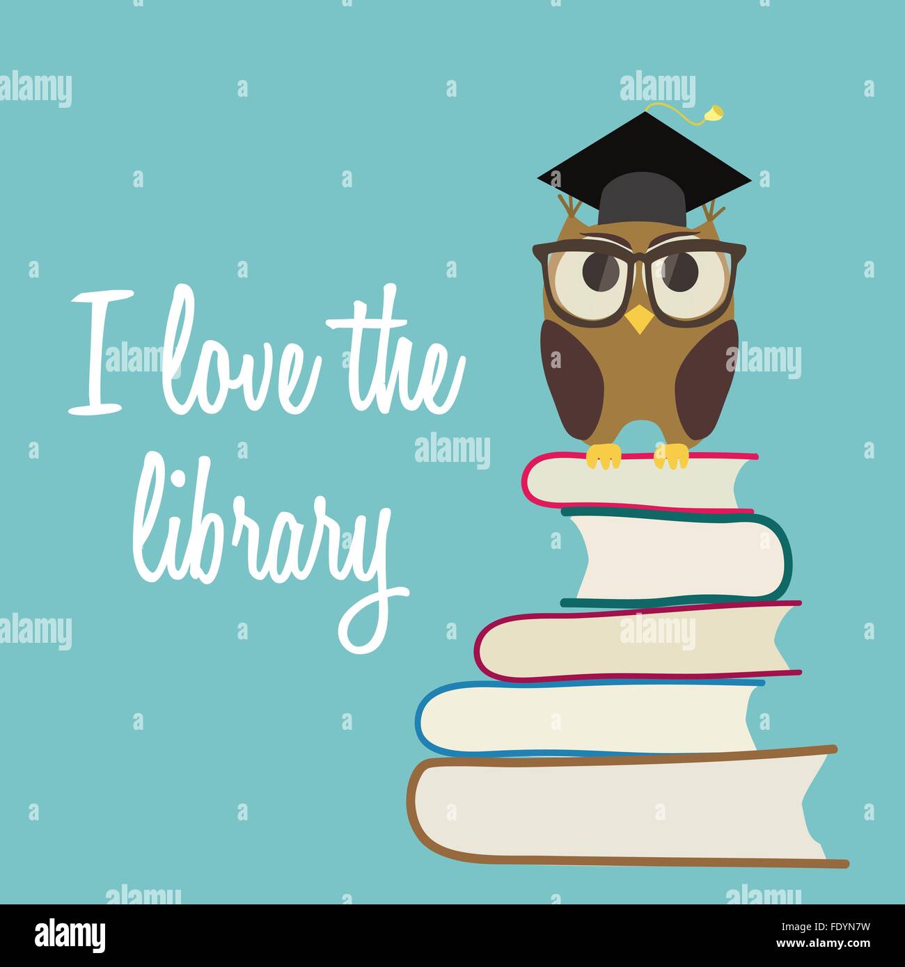 Cute owl en lunettes avec graduation cap assis sur une pile de livres. J'adore le fond de la bibliothèque. vector Illustration de Vecteur