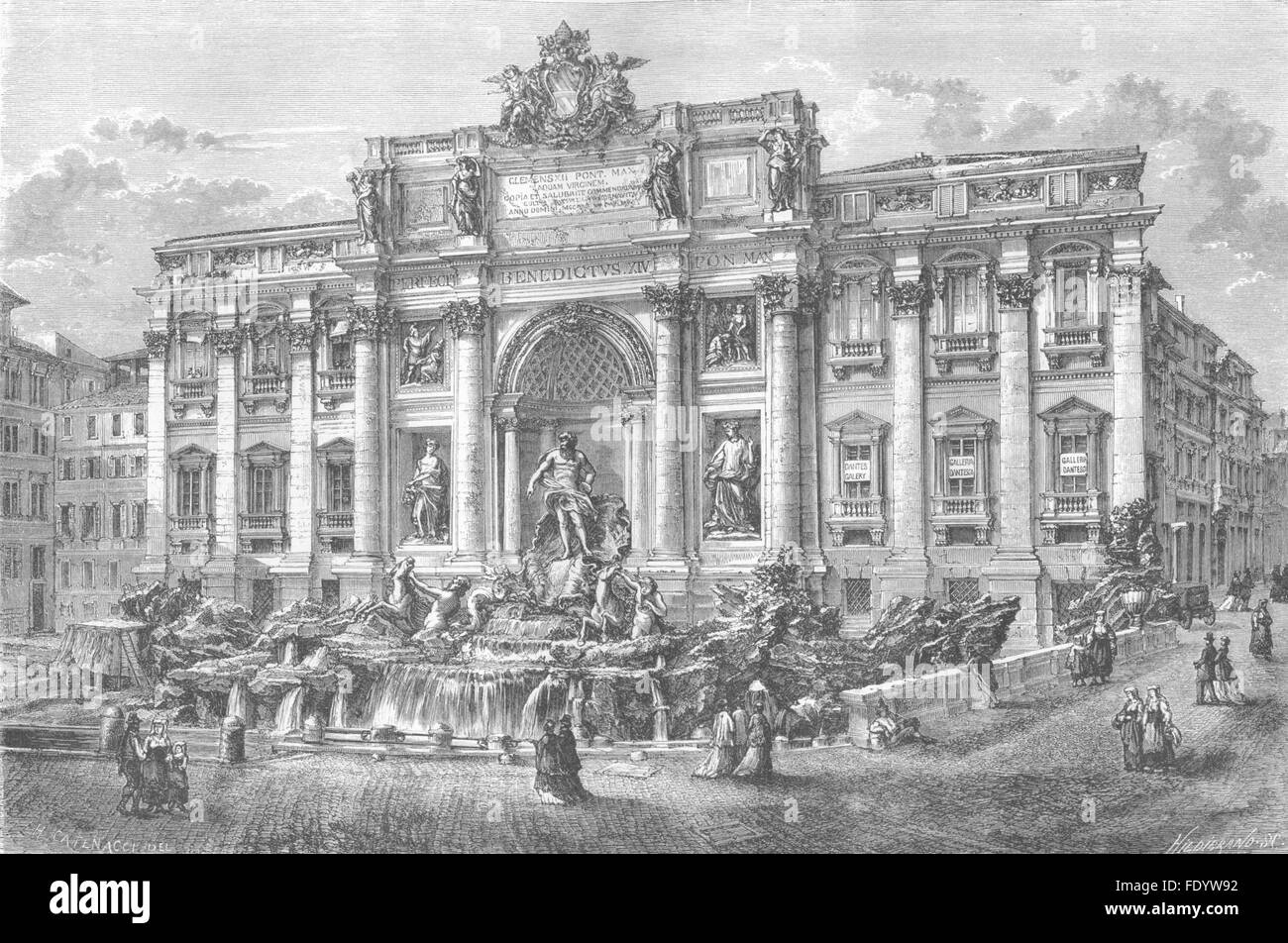 ROME : Fontaine de Trevi, ancien 1872 Banque D'Images
