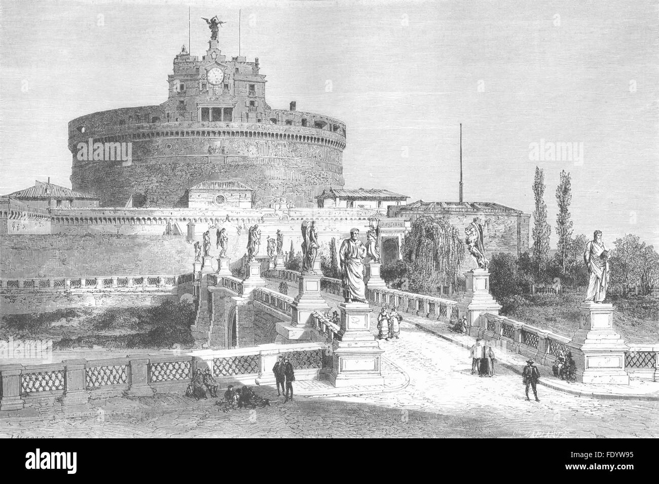 ROME : Pont et château de Sant'Angelo, antique print 1872 Banque D'Images