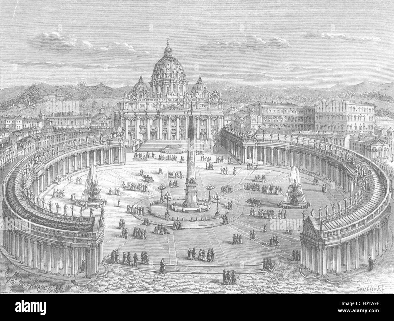 ROME : Les Colonnades de St Peter, antique print 1872 Banque D'Images