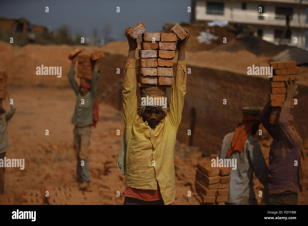3 février 2016 - Bhaktapur, Népal - travailleurs migrants briques équilibre sur leurs têtes dans un four en briques dans Sipadol, district de Bhaktapur, Népal le mercredi, 3 février, 16. Les ouvriers arrivent au cours de l'hiver de l'Inde pour une période de 6 mois pour travailler dans les fours à briques. Par un total de 16 briques sont chargés sur des camions à chaque fois pour recevoir 1 pièce de monnaie népalaise est égal à 800 Paisa. Dans une semaine par personne, un total de 3 500 pièces de monnaie sont recueillies pour 1 700 roupies (crédit Image : © Gautam Skanda via Zuma sur le fil) Banque D'Images