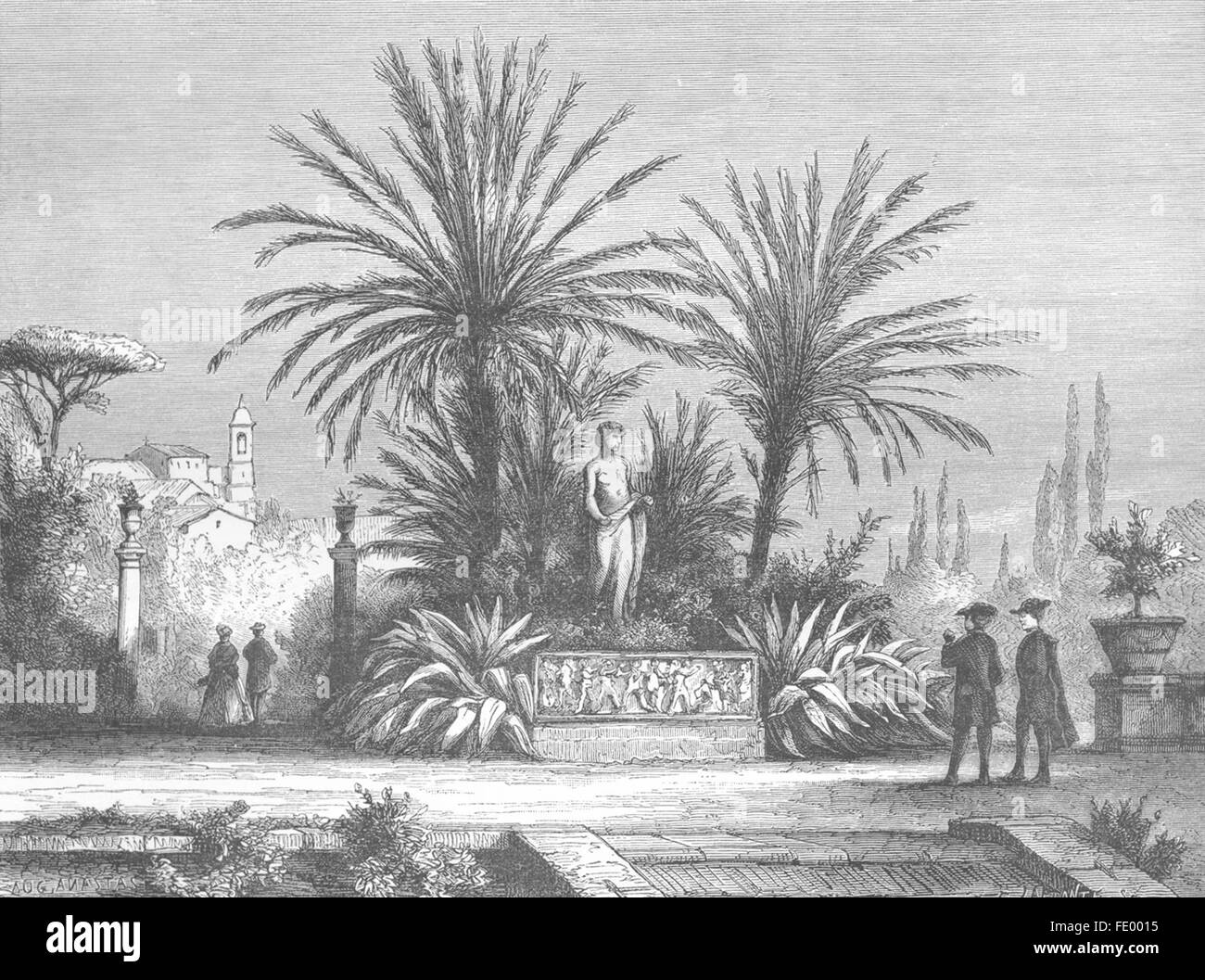 ROME : Jardins de la Villa Albani, antique print 1872 Banque D'Images