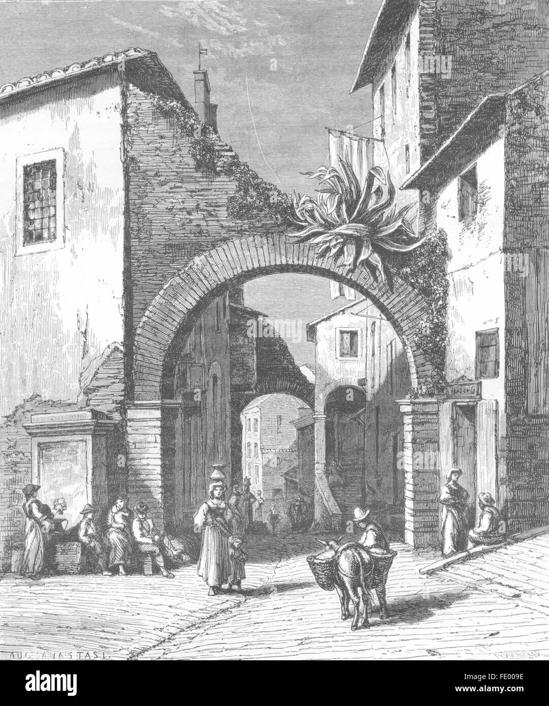 ROME : une rue du Tivoli, antique print 1872 Banque D'Images