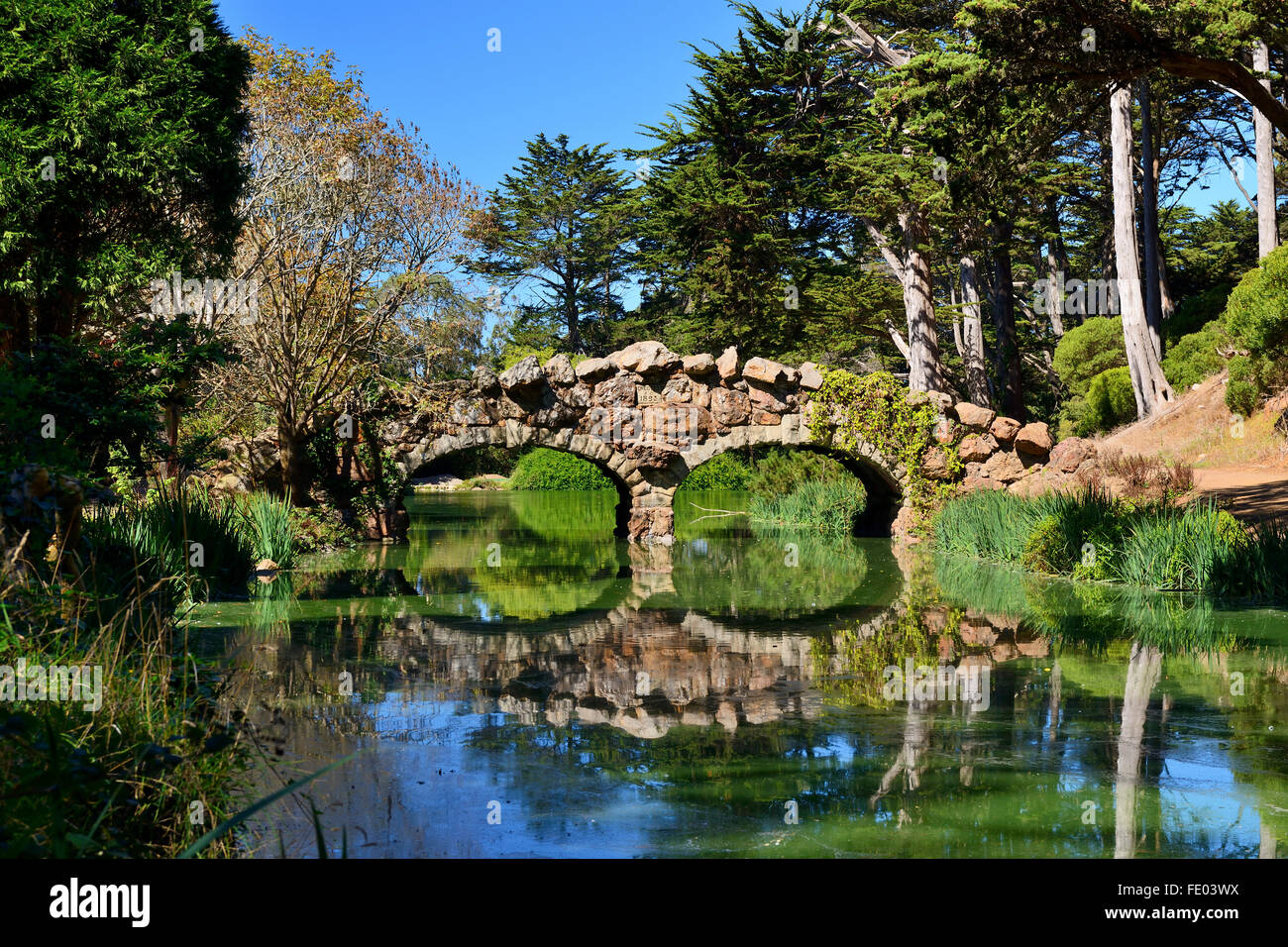 Pont de pierre sur Stow Lake dans le Golden Gate Park, San Francisco, California, USA Banque D'Images