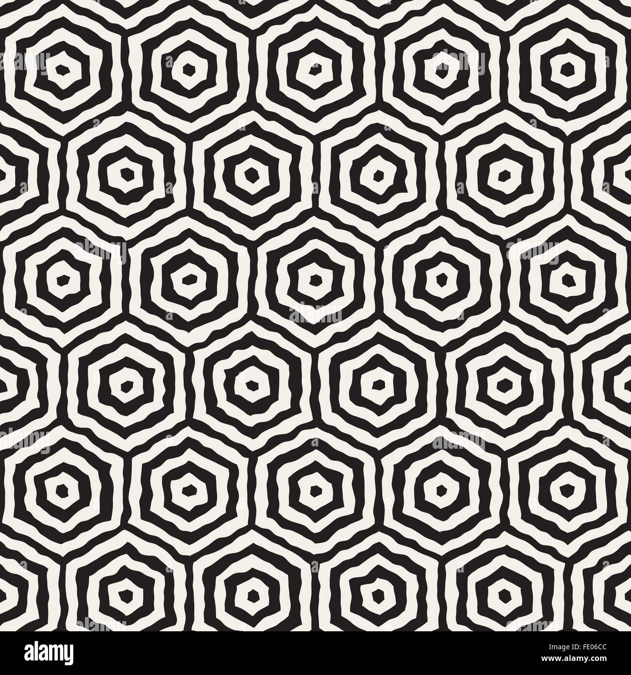 Seamless Vector noir et blanc peint à la main ligne hexagonal concentriques motif nid d géométrique Illustration de Vecteur