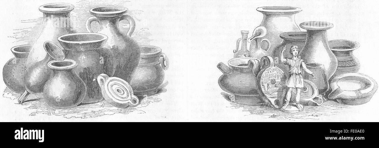 VASES : trouvés après Gt fire ; Roman, St Paul's Cross, antique print 1845 Banque D'Images