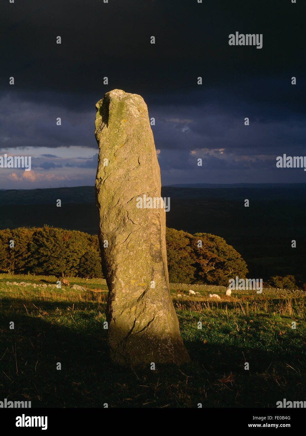 À la recherche du géant à se tenir debout à côté d'une pierre romaine et préhistorique piste au-dessus de la vallée de Conwy, Parc National de Snowdonia. Banque D'Images