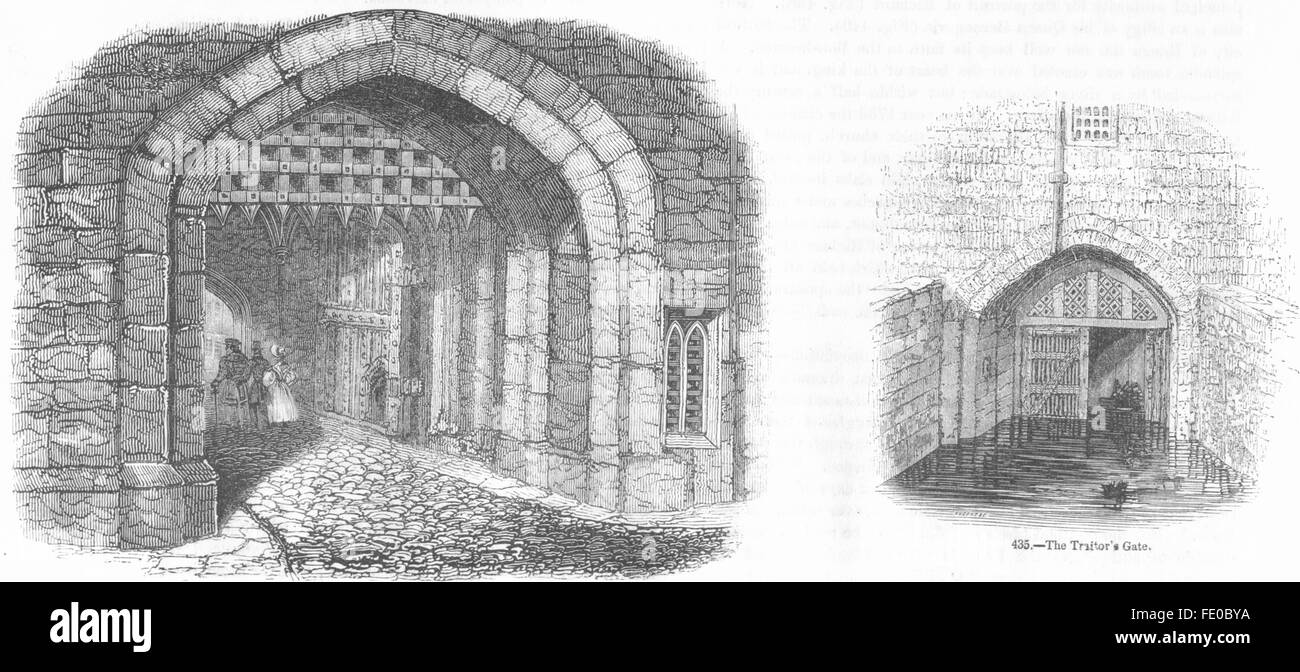 Londres : Porte de La Tour Sanglante ; traître's Gate, antique print 1845 Banque D'Images