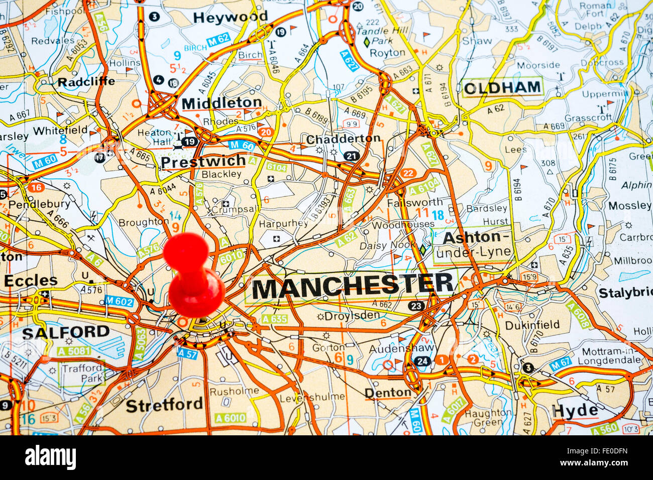 Site épingle qui marque la ville de Manchester, Royaume-Uni. Banque D'Images