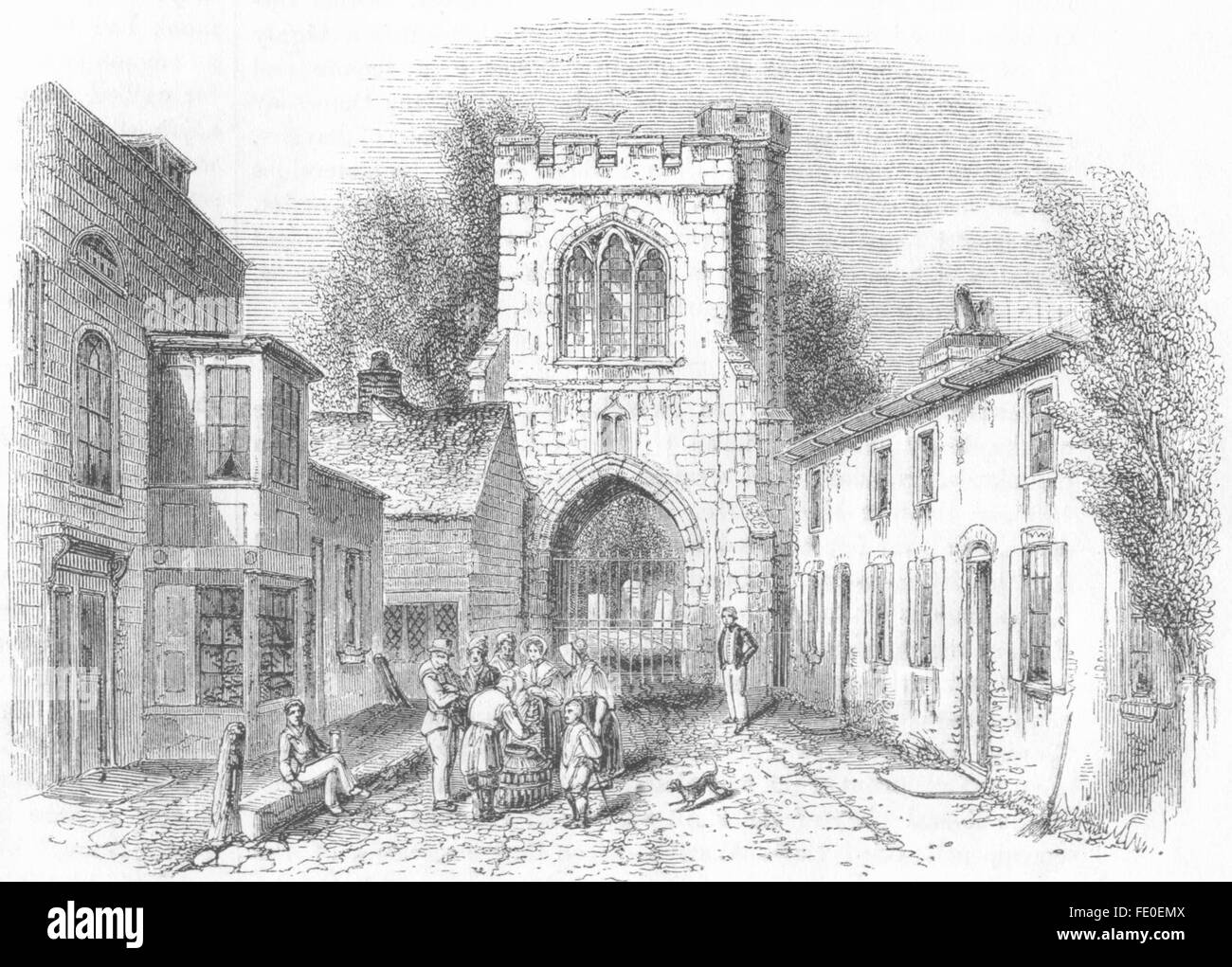 Londres : Fire-bell gate(&)Barking Essex, couvre-feu, antique print 1845 Banque D'Images