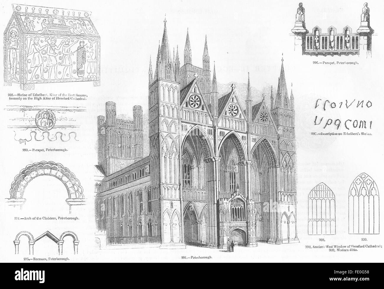 PETERBOROUGH : Cathédrale, Ethelbert de culte, parapet, antique print 1845 Banque D'Images