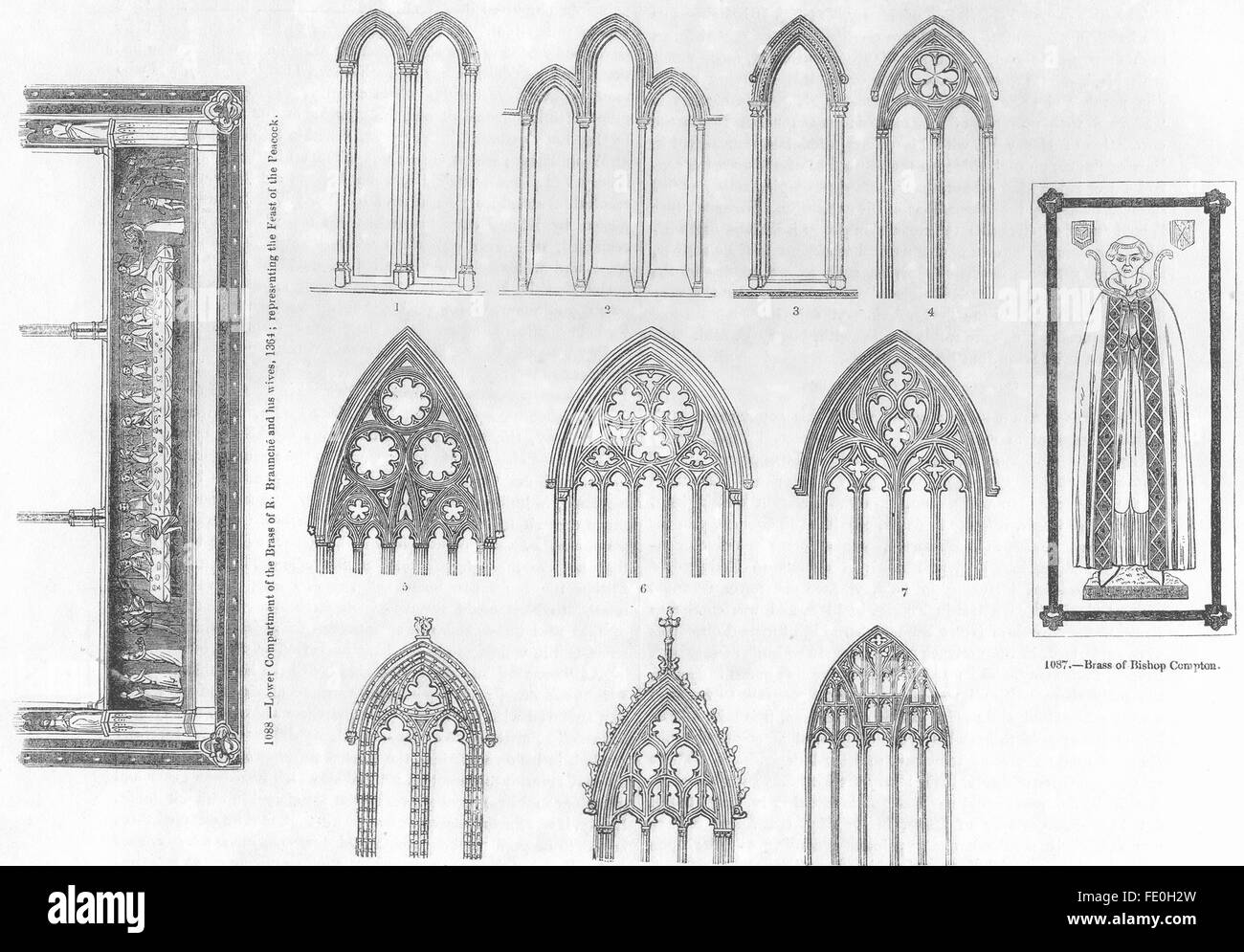 Les fenêtres de l'église : 13e, 14e siècles ; Bishop Compton, antique print 1845 Banque D'Images