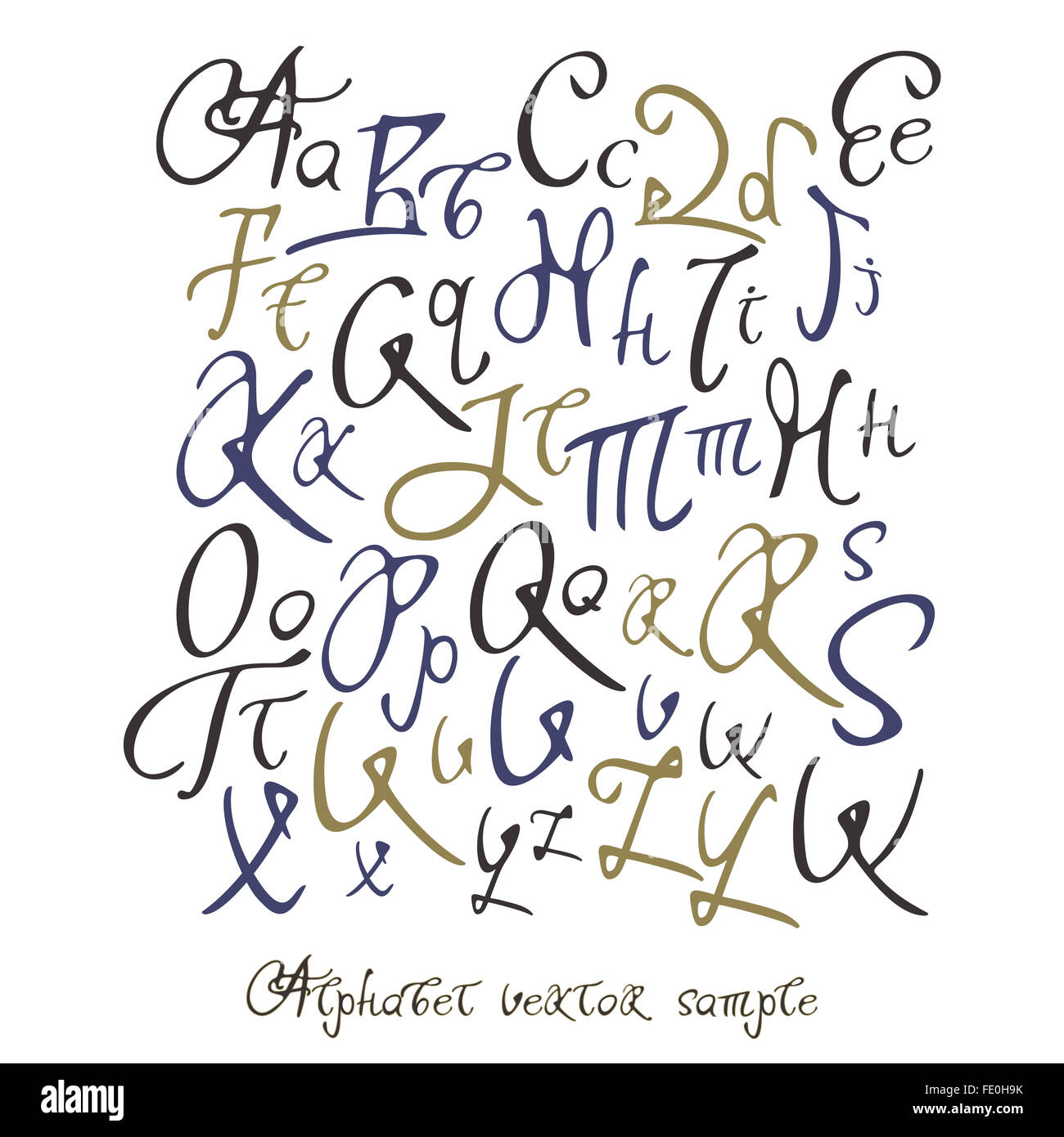 Calligraphie manuscrite alphabet latin complet avec des exemples de mots de texte Banque D'Images