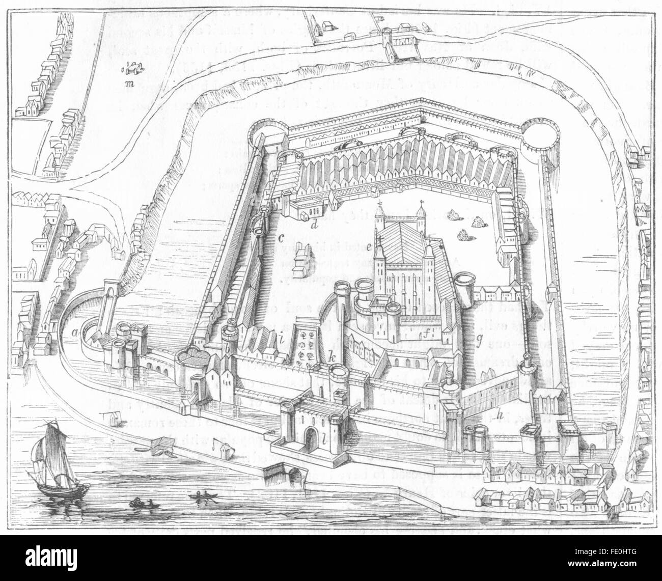 Londres : La Tour de Londres en 1597, antique print 1845 Banque D'Images
