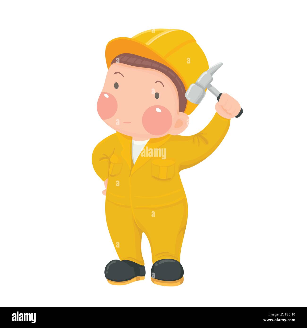 Vector Illustration de mécanicien de travailleur en vêtements de travail et le casque jaune holding Hammer Personnage on White Illustration de Vecteur