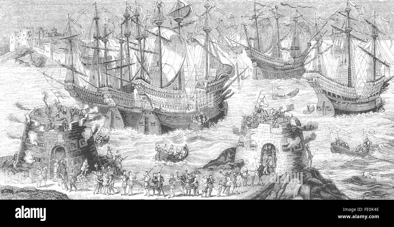 KENT : Henry VIII L'embarquement, Dover, 1520, antique print 1845 Banque D'Images