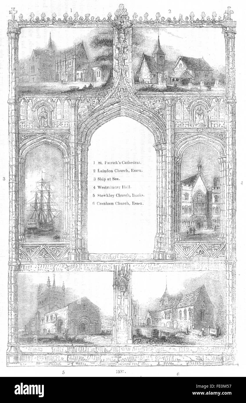 Églises : St Patrick's, Laindon, Stewkley, Cranham, antique print 1845 Banque D'Images