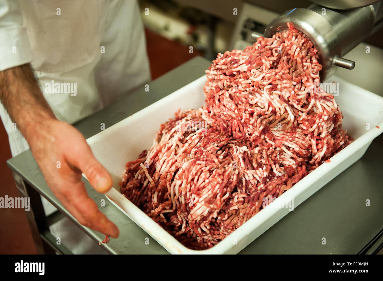 Boucher non identifiables holding tray plein de viande rouge crue hachée de quitter la machine en usine de transformation des aliments Banque D'Images