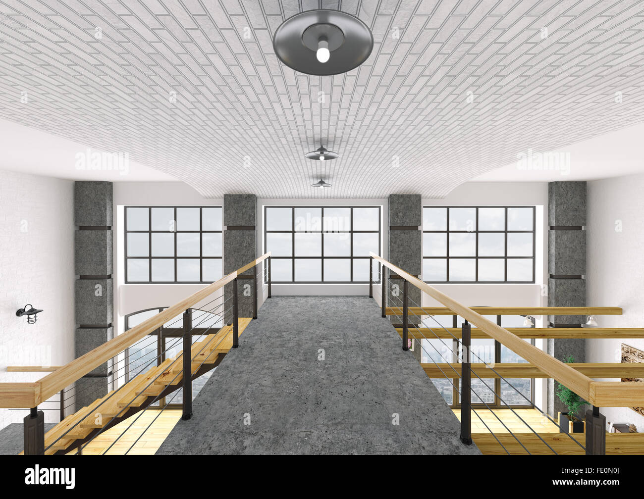 Intérieur du deuxième étage avec plafond en brique, maison loft arc rendu 3D Banque D'Images