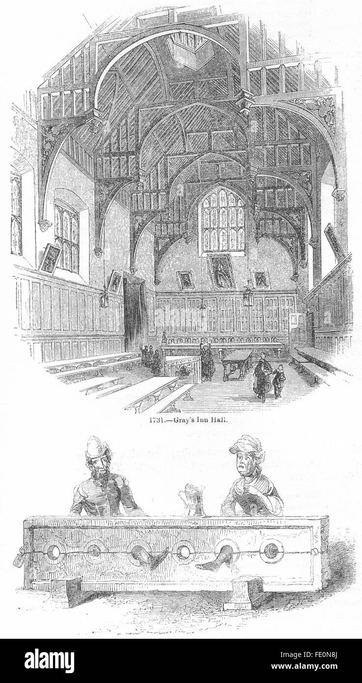 Londres : Gray's Inn Hall ; l'homme & femme en stocks, ancien 1845 Banque D'Images