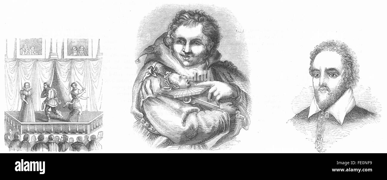 La société : Scène & balcon ; Ct fou ; Richard Burbage, antique print 1845 Banque D'Images