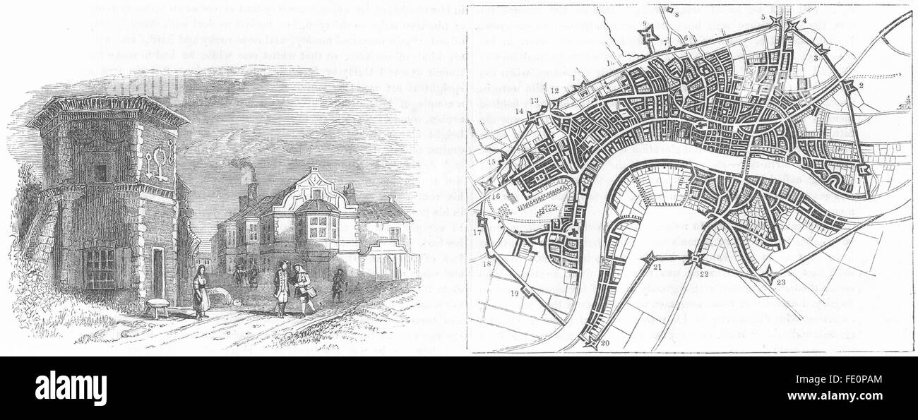 Londres : 1643 : plan : UXBRIDGE House traité, antique print 1845 Banque D'Images