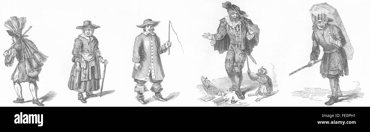 Métiers : poissonnier, Hackney, 1680 Coachman mountebank, antique print 1845 Banque D'Images