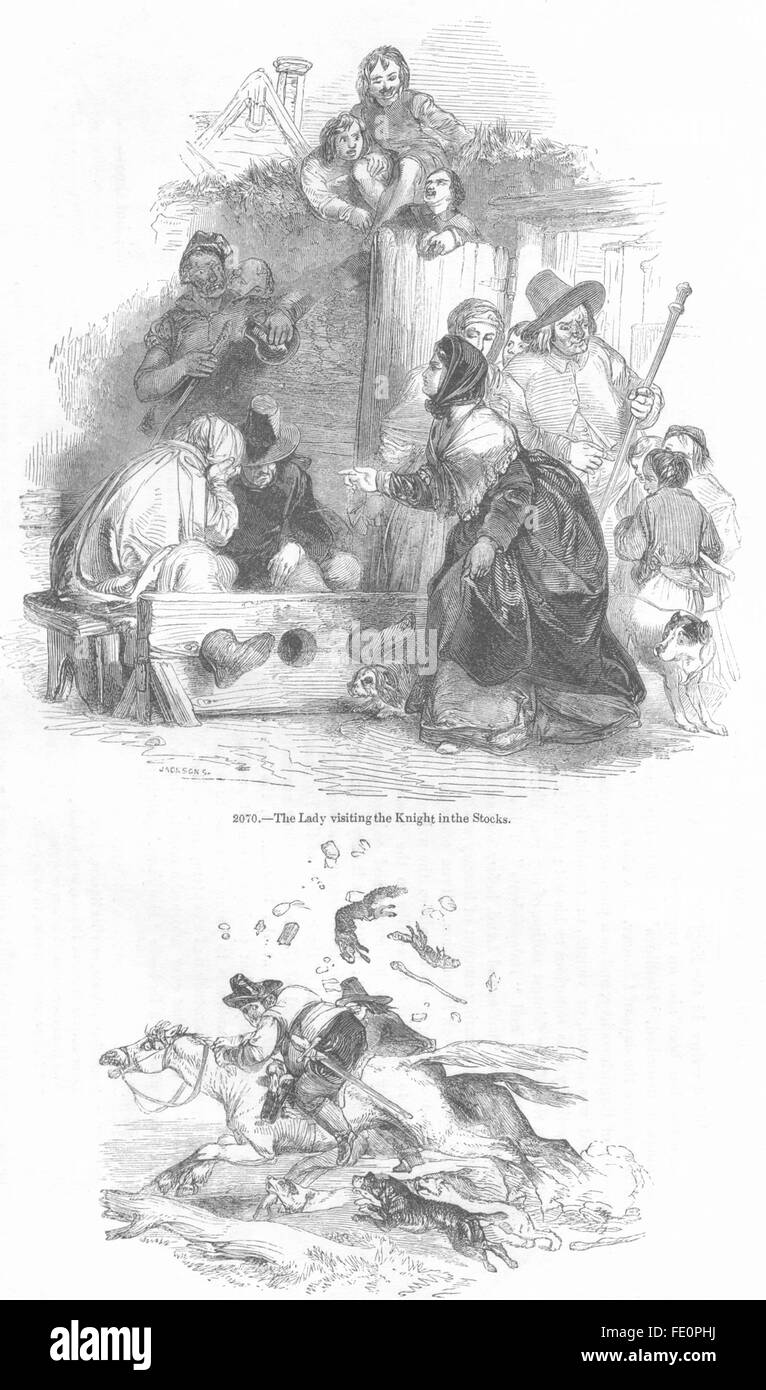 Visites Lady KNIGHT, STOCKS : & Hudibras, Ralpho échapper, antique print 1845 Banque D'Images