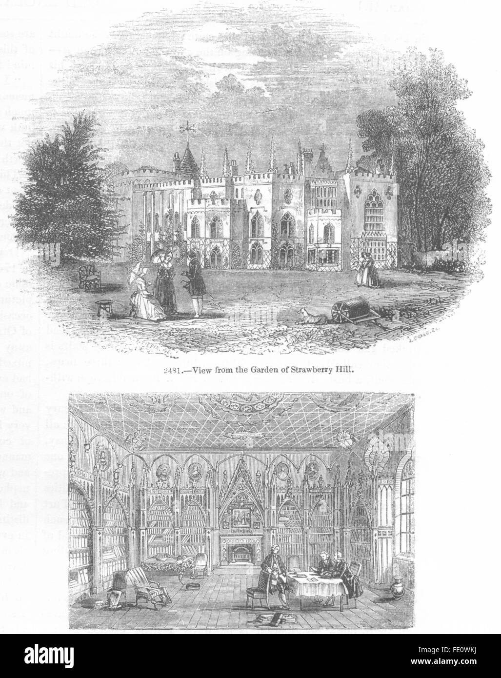 Londres : Voir le jardin de Strawberry Hill ; Bibliothèque , ancien 1845 Banque D'Images